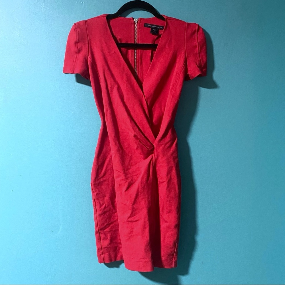 French Connection 2 Solid Bright Red Cocktail V-Neck Mini Dress - Picture 2 of 6